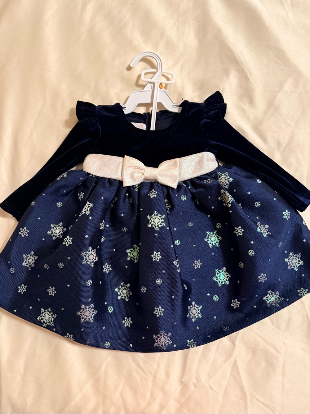 iris & ivy Navy Velvet Bodice Baby Holiday Dress with Pearl Bow